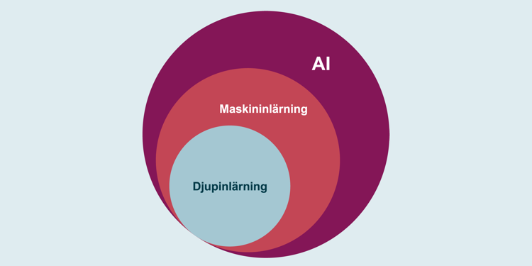 Bilden visar förhållandet mellan AI, maskininlärning och djupinlärning. AI är det övergripande begreppet, maskininlärning är en typ av AI och djupinlärning är en typ av maskininlärning.