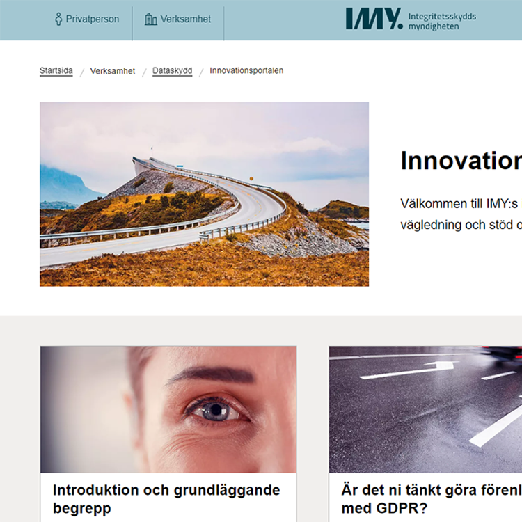 Visar startsidan av IMY:s ny innovationsportal med ingångarna: introduktion, guider och svar på vanliga frågor.