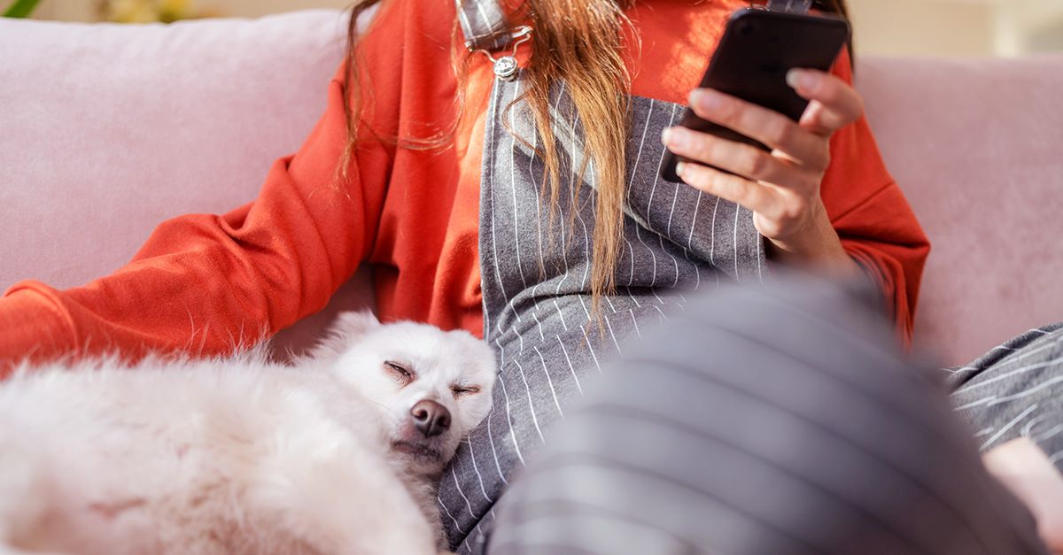 Kvinna och hund i en soffa